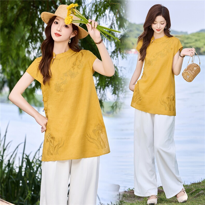 新中式上衣女2025夏新款阔太太洋气高贵高端超火国风亚麻短袖衬衫，女装衬衫，歌伊格美