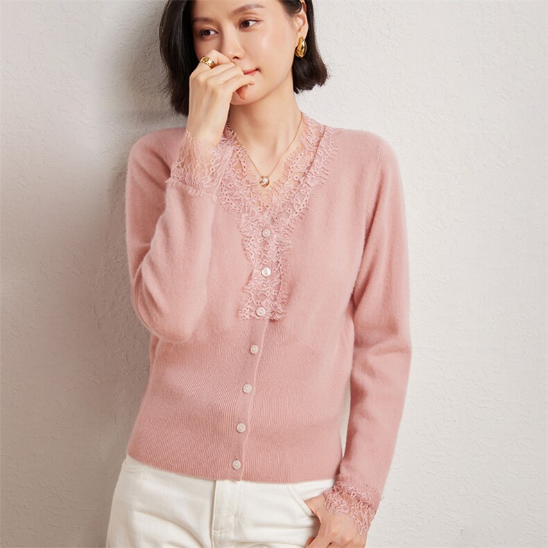优雅女士V领蕾丝花边开衫显瘦百搭时尚外套,女装羊绒衫,臻维羊绒