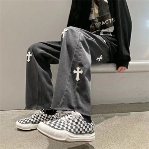 欧美高街vibe炸街裤子男ins潮流2023新款十字架牛仔裤K8049P42图片