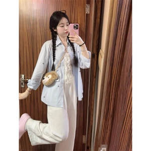 TC587-P45蓝白条纹蝴蝶结刺绣长袖衬衫女防晒衬衣上衣图片