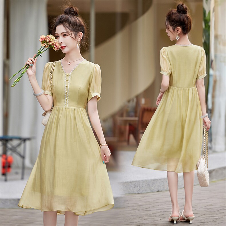 夏季天丝连衣裙女小个子时尚高级感高端精致超好看显瘦遮肚裙子夏，女装连衣裙，贝蕾酷儿