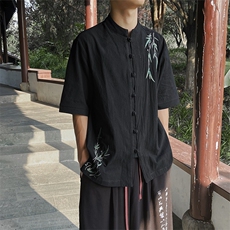 备货现货！中式复古棉麻刺绣风盘扣T恤五分袖男MT2308-P65，男装T恤，电商A021