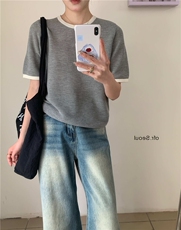 夏季新款简约短袖针织衫女宽松休闲百搭上衣，女装针织衫/毛衣，伟祺羊绒