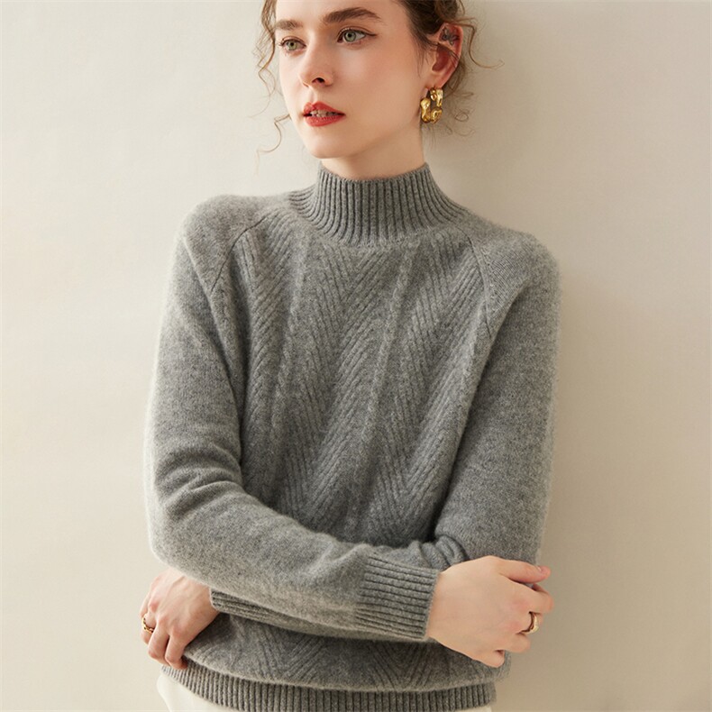 秋冬季高级感山羊绒衫女半高领席编提花加厚针织毛衣宽松打底上衣，女装羊绒衫，暖凌绒