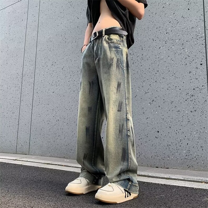 复古休闲做旧牛仔裤百搭款垂感宽松阔腿拖地牛仔裤男 N9007图片
