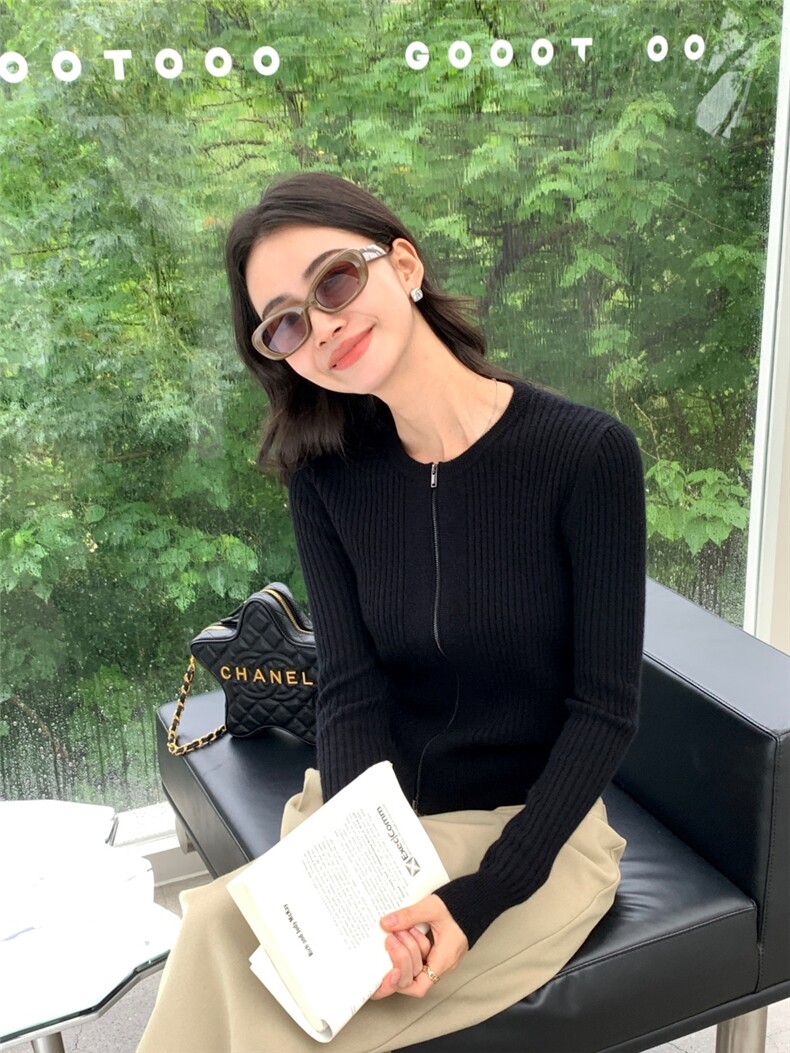 秋冬新款v领女拉链修身开衫衣保暖上衣针织衫打底,针织衫/毛衣,玛卡隆羊绒