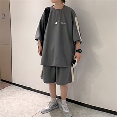 2026夏装华夫格拼接绣花休闲运动套装五分短裤TZ808/P65灰色，男装休闲套装，电商A094