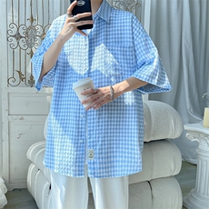2026夏宽松潮男休闲五分袖衬衫半袖格子衬衣C900/P35蓝色，男装衬衫，电商A094