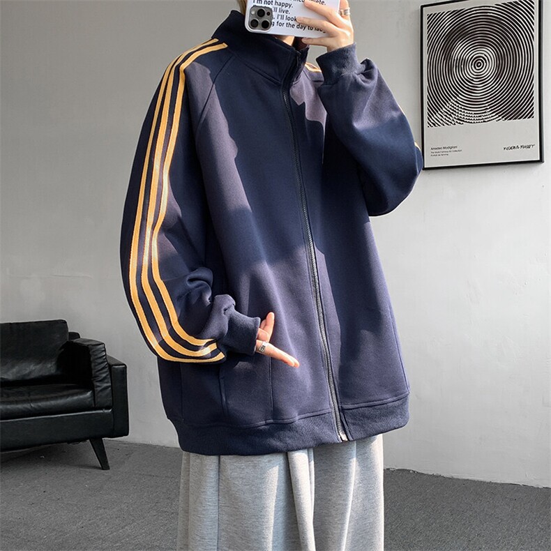 8XL-M三条杠运动卫衣特大码美式条纹立领夹克开衫外套JK5205/P65,男装夹克,电商B238