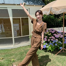 韩系高级感套装裤女夏两件套盐系轻熟可盐可甜气质穿搭一整套时尚，女装套装/套裙，2C129