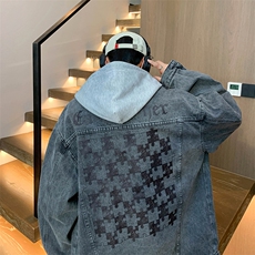棋盘格复古牛仔外套男痞帅衣服款宽松百搭夹克JK1057-P88118，男装工装外套，星座1103-3
