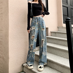 潮美式复古印花破洞牛仔裤女夏季新款设计感宽松显瘦阔腿拖地裤图片