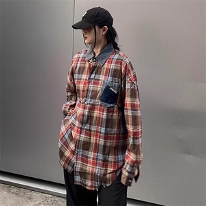 高级感外穿格子衬衫男女情侣复古宽松百搭早秋黄色格纹衬衣图片