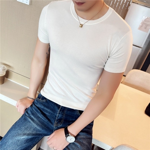 针织衫毛衣男 M02/p40 春夏短袖修身圆领纯色内搭打底衫线衣男图片
