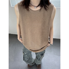 主推慵懒风宽松坑条无袖T恤情侣背心男女坎肩内搭上衣H952特P23，男装T恤，电商A341