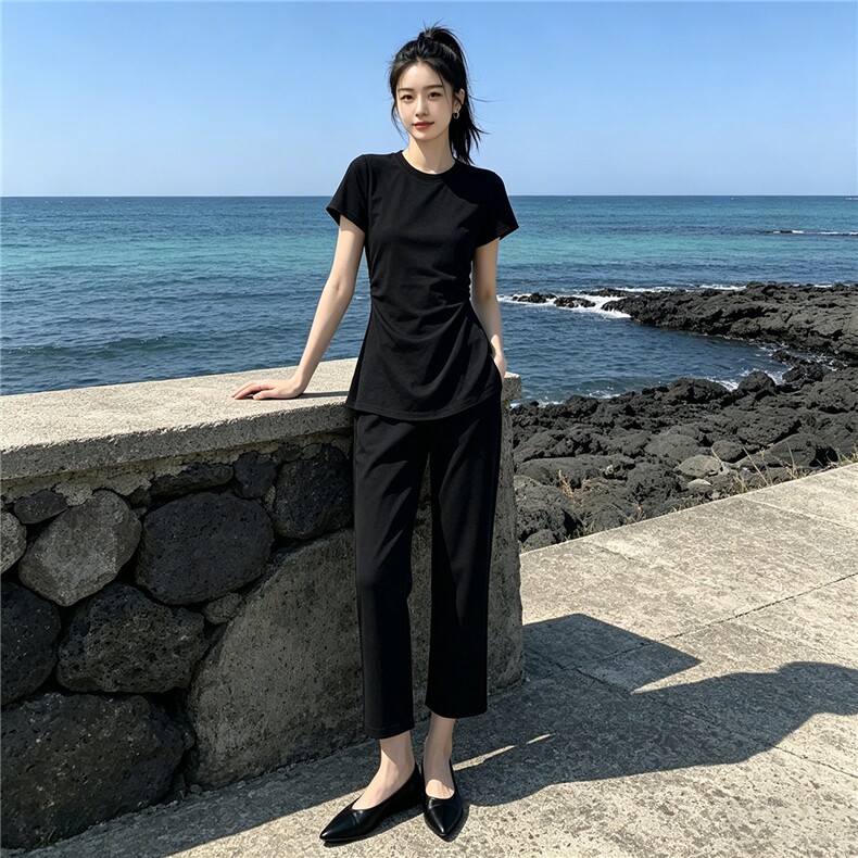 韩系时尚气质套装女夏季新款圆领褶皱收腰上衣双口袋直筒裤两件套,女装套装/套裙,江南