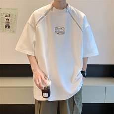 港风美式垫肩设计T恤男大码拉链WANG金属质感字母DT8791P55控78，男装T恤，星座227-7