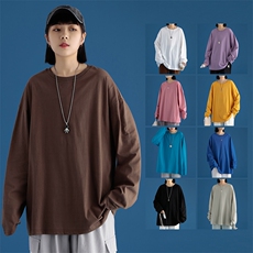纯棉2024新款情侣纯色圆领长袖T恤男女士打底衫A158-T88889-P20，男装T恤，电商A158-1