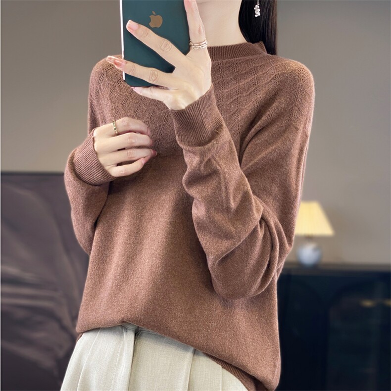 时尚百搭女针织衫简约舒适半高领毛衣优雅花纹镂空设计柔软亲肤,针织衫/毛衣,昭美羊绒