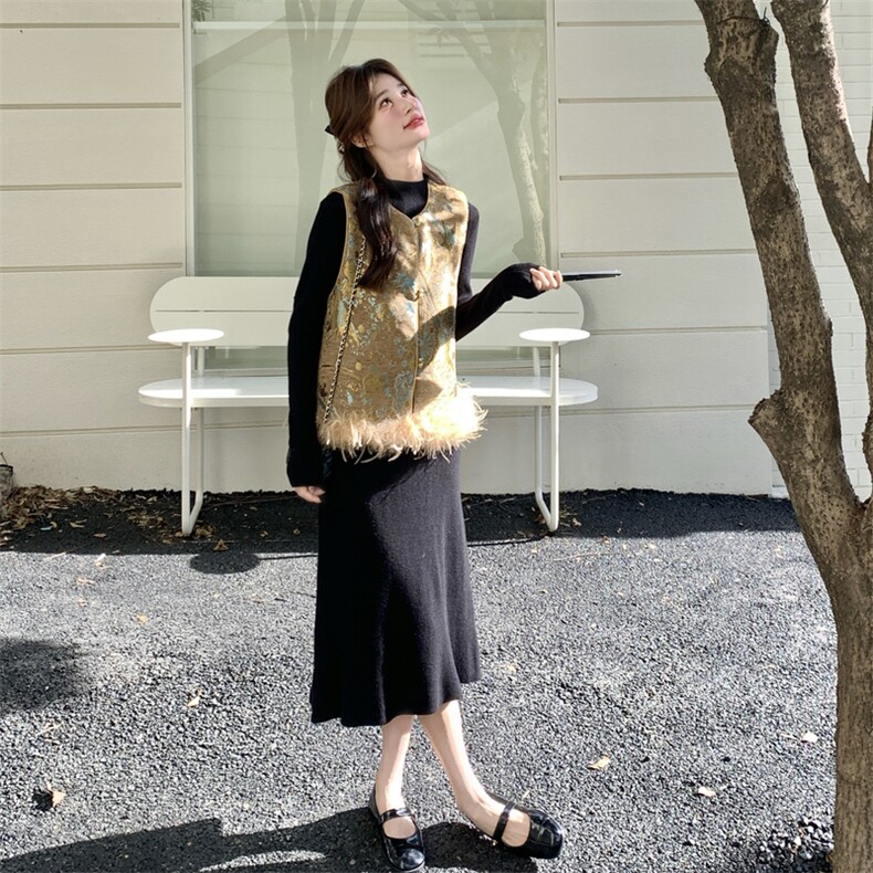 【大货】2026新中式风！加棉雪尼尔绒提花毛衣马甲两件套,女装套装/套裙,2C267