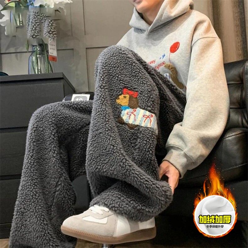 冬季美式刺绣羊羔毛棉裤男女情侣加绒加厚保暖宽松休闲阔腿长裤子，男装棉衣，电商A443