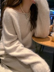 秋冬羊毛针织衫女一字领中长款宽松纯色打底衫，女装羊毛衫，思途羊绒