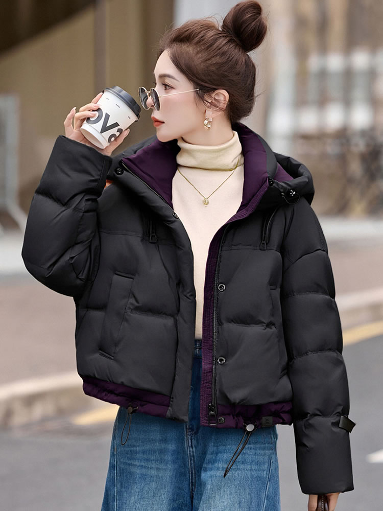 时尚撞色休闲连帽短款羽绒服女冬新款宽松加厚保暖白鸭绒外套,女装羽绒服,韩蔻秀