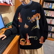 1港风日系宽松休闲情侣套头圆领印花加厚毛衣男7781P55加绒P70，男装针织衫/毛衣，星座226-2