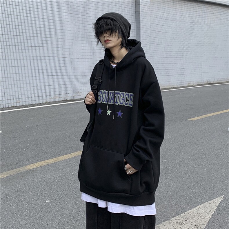 2023潮牌嘻哈美式星星字母印花宽松百搭加绒连帽卫衣图片