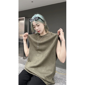 港风大码网红麂皮绒圆领无袖T恤背心男女 XZ213-T070-P35控48图片