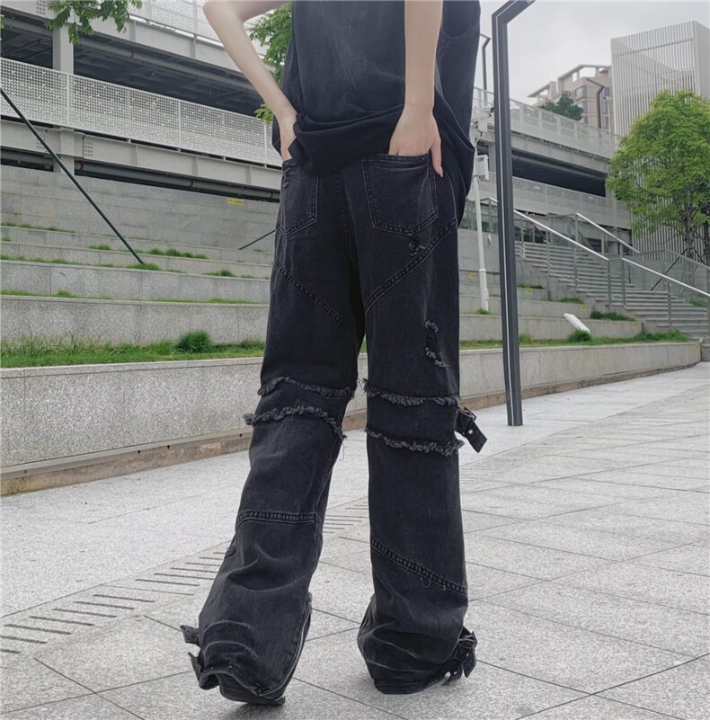 美式复古绑带裤脚拉链牛仔裤男女高街潮牌直筒宽松阔BK50-P83,男装牛仔裤,星座1109-3