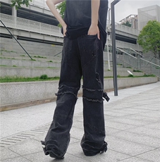 美式复古绑带裤脚拉链牛仔裤男女高街潮牌直筒宽松阔BK50-P83，男装牛仔裤，星座1109-3