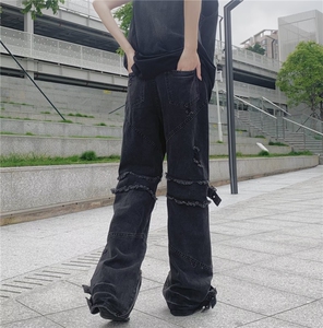 美式复古绑带裤脚拉链牛仔裤男女高街潮牌直筒宽松阔BK50-P83图片