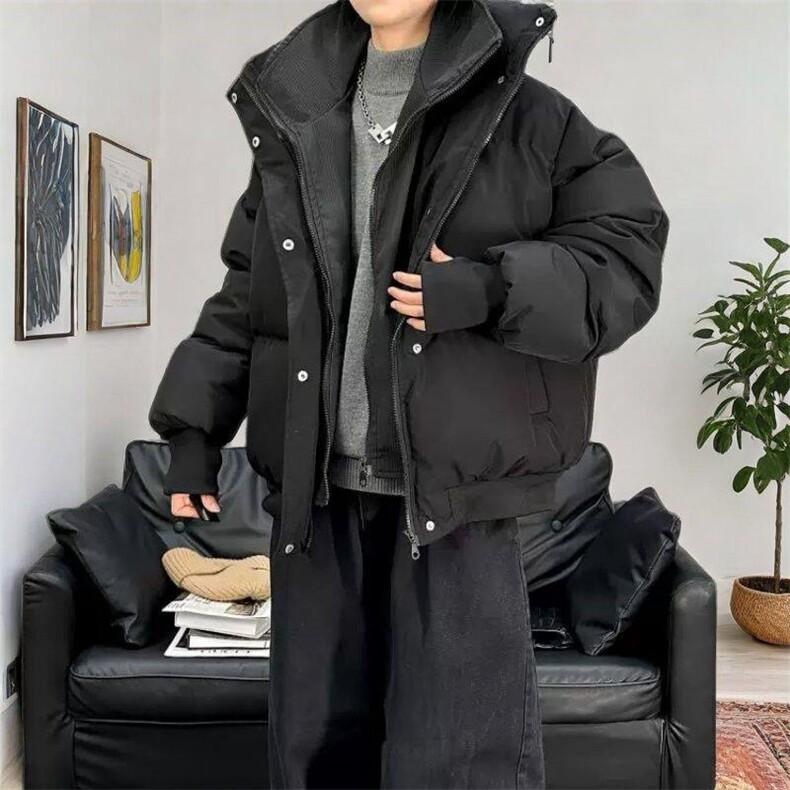 2024冬季新款设计感痞帅立领假两件棉衣男时尚加厚宽松棉服图片