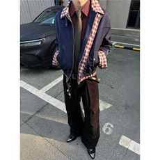 王一博沈月同款春秋格纹假两件飞行员夹克男老钱风假两件外套潮牌，男装夹克，星座506A