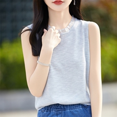 2025春夏季新款花边圆领套头无袖羊毛背心百搭时尚软糯亲肤百搭,女装针织衫/毛衣,伊美侕,清河羊绒市场 2025春夏季新款花边圆领套头无袖羊毛背心百搭时尚软糯亲肤百搭,女装针织衫/毛衣,伊美侕,清河羊绒市场