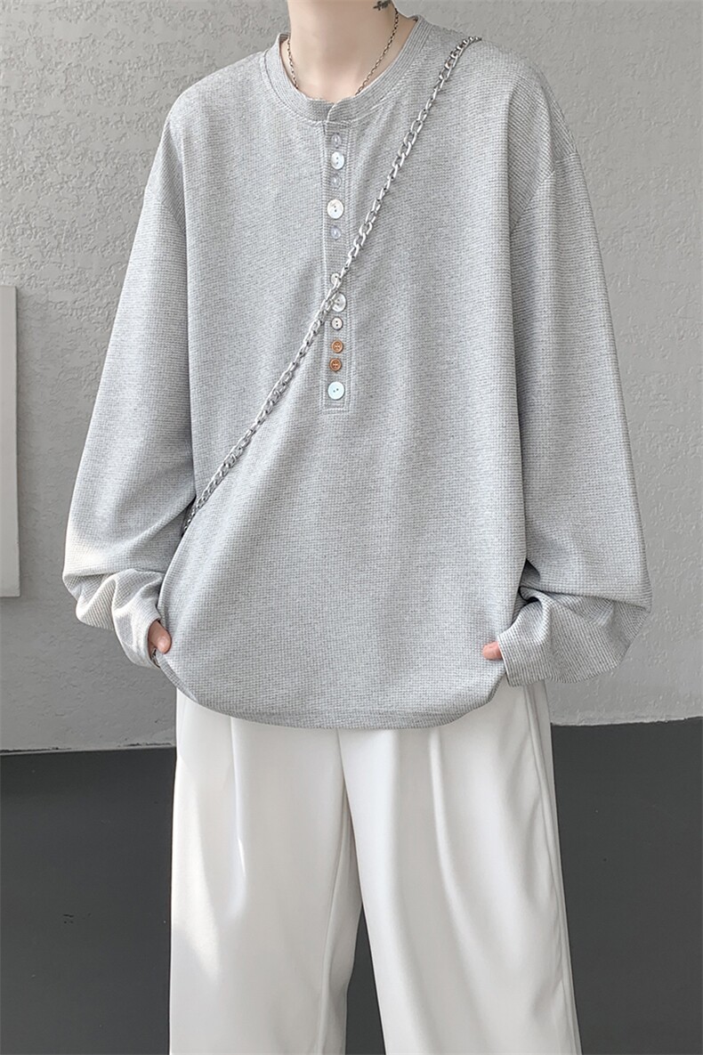 8XL-M慵懒肌理感华夫格廓形云母贝纽扣长袖T恤打底长袖CX3006P48,男装T恤,电商D206-1