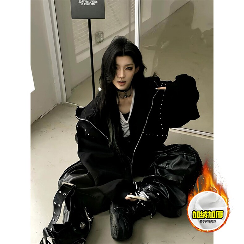 480G重磅加绒硬挺boxy男女美式高街卫衣铆钉杜宾犬耳朵开衫厚外套，女装短外套，电商A486-1