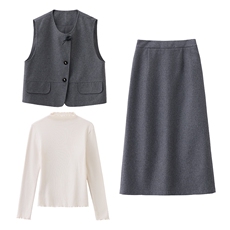 时尚马甲打底衫半身裙套装女2026春新款含羊毛通勤气质穿搭三件套，女装套装/套裙，冬木谷雨
