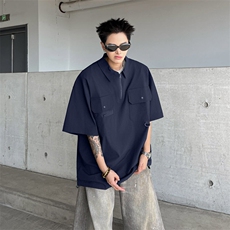 夏季半拉链翻领短袖男士青年潮牌日系口袋工装POLO衫港风宽松上衣，男装Polo衫，星座813-2