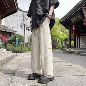 新中式风盘扣裤子男士夏季新款高级感垂感宽松直筒阔腿休闲长裤图片