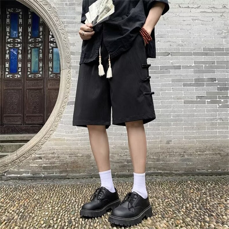 新中式盘扣休闲短裤男夏季薄款潮流外穿风大码宽松男装五分裤子,男装牛仔裤,星座1013