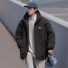 冬季日系简约保暖加厚连帽抽绳休闲宽松棉衣外套男MY9081-P100，男装棉衣，电商A128