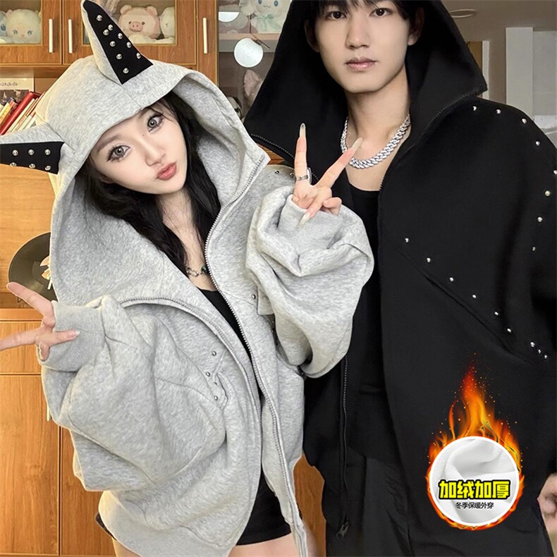 480G重磅加绒硬挺boxy男女美式高街卫衣铆钉杜宾犬耳朵开衫厚外套，女装短外套，电商A486