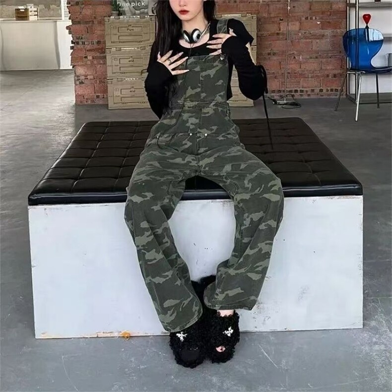 时尚小众复古设计宽松迷彩背带裤工装街头ins新款直筒休闲连体,男装工装外套,星座1210-1