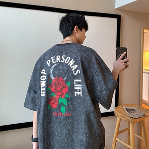 2023夏新款 高品质港风 个性玫瑰印花短袖T恤上衣 T2231-P45图片