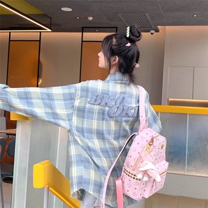 Zone秋新款韩版2024休闲格子百搭宽松慵懒情侣款开衫衬衫女蓝黄