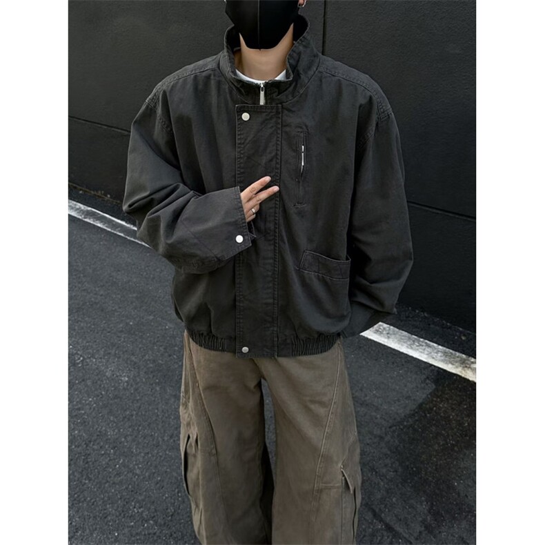 美式复古卡其立领工装夹克cleanfit高级感短宽巴恩风外套jk173p65,男装夹克,电商D315