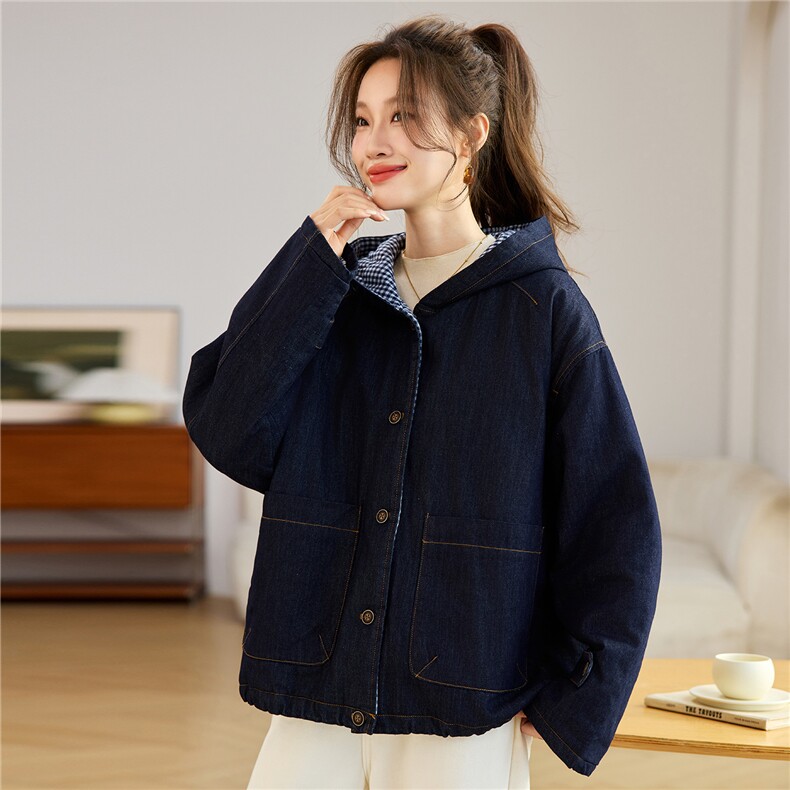 叶笙衣82591牛仔里布格子加棉外套,女装棉衣/棉服,叶笙衣