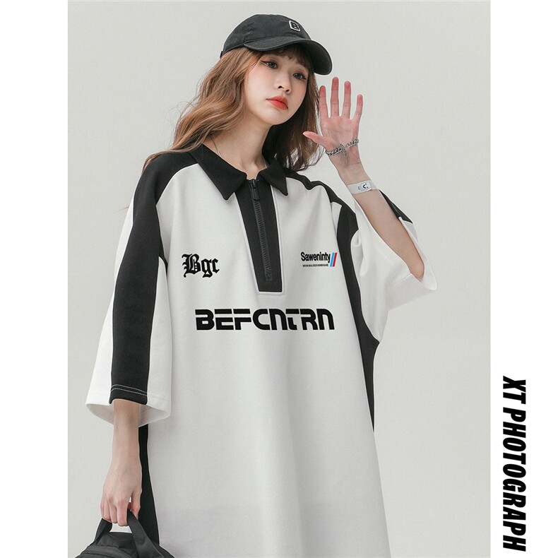 中性23夏季时尚字母印花半拉链翻领重磅短袖T恤DT3201P45控68,男装T恤,A247A